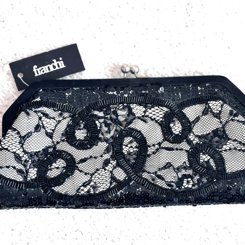 New! Franchi NWT & Box, Black Lace, Bead and Sequin Clutch.